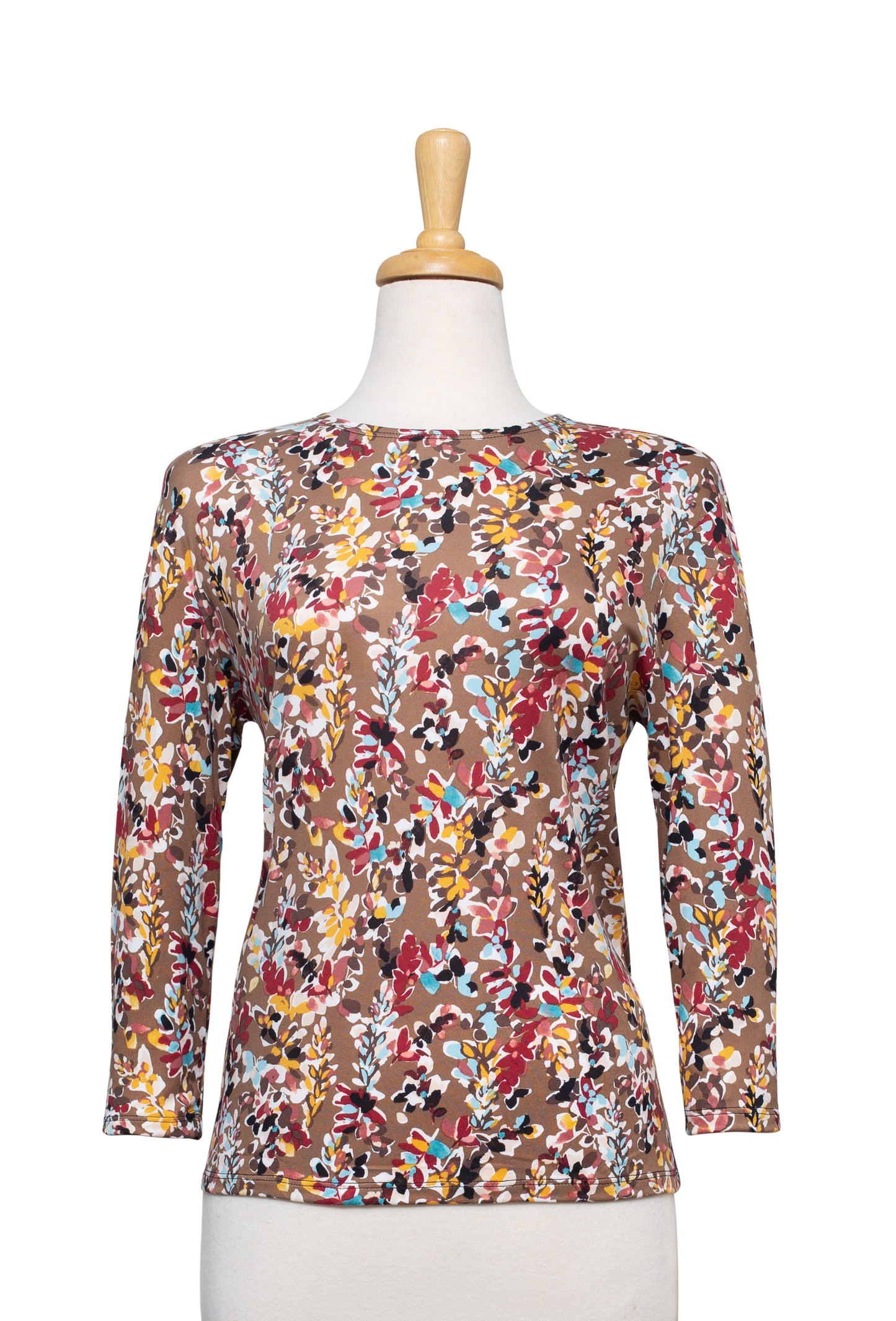 Plus Size Brown, Burgundy, and Mustard Wildflower 3/4 Sleeve Cotton Top