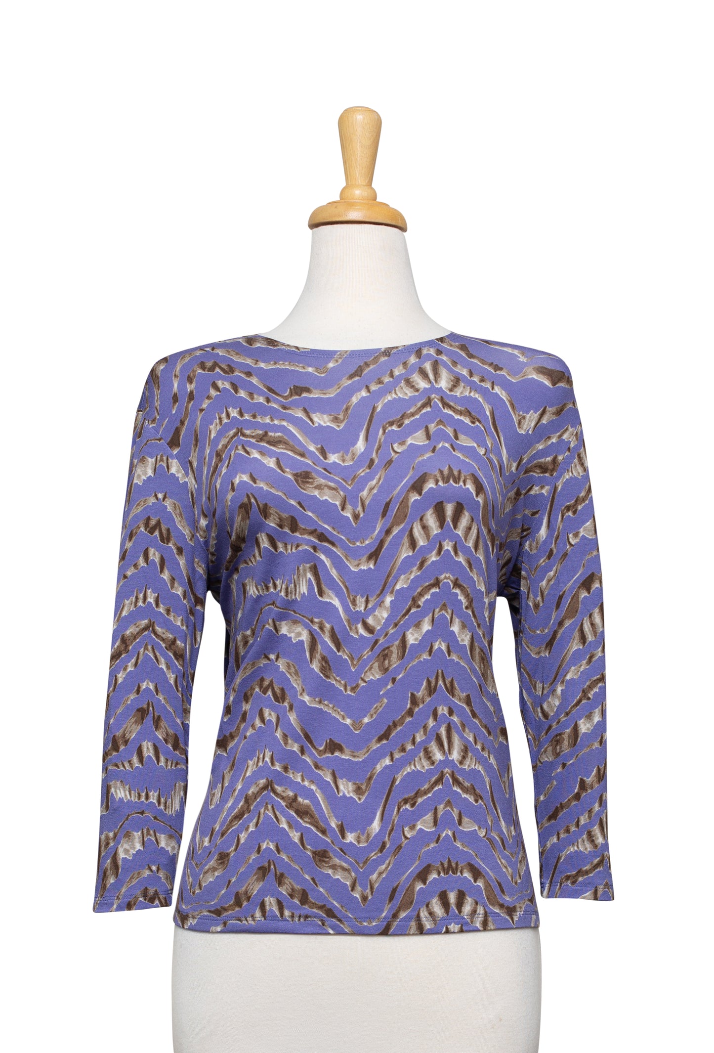 Plus Size Lavender, Brown, and Taupe Abstract Wave 3/4 Sleeve Cotton Top