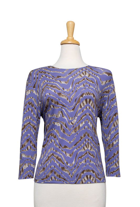 Plus Size Lavender, Brown, and Taupe Abstract Wave 3/4 Sleeve Cotton Top