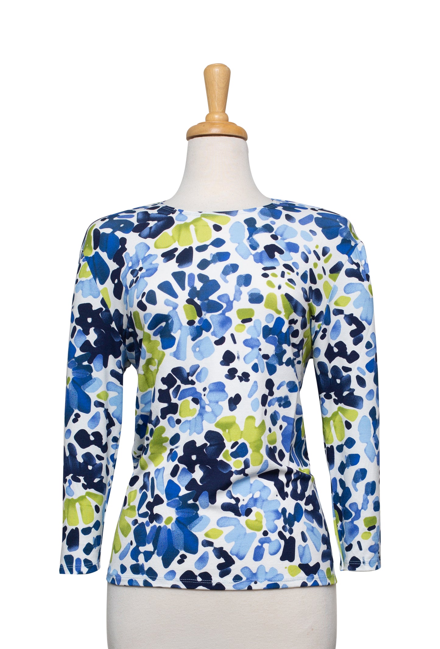 Blue, Lime, and White Abstract Floral 3/4 Sleeve Cotton Top