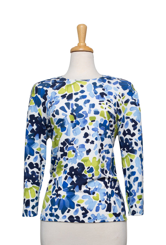 Plus Size Blue, Lime, and White Abstract Floral 3/4 Sleeve Cotton Top