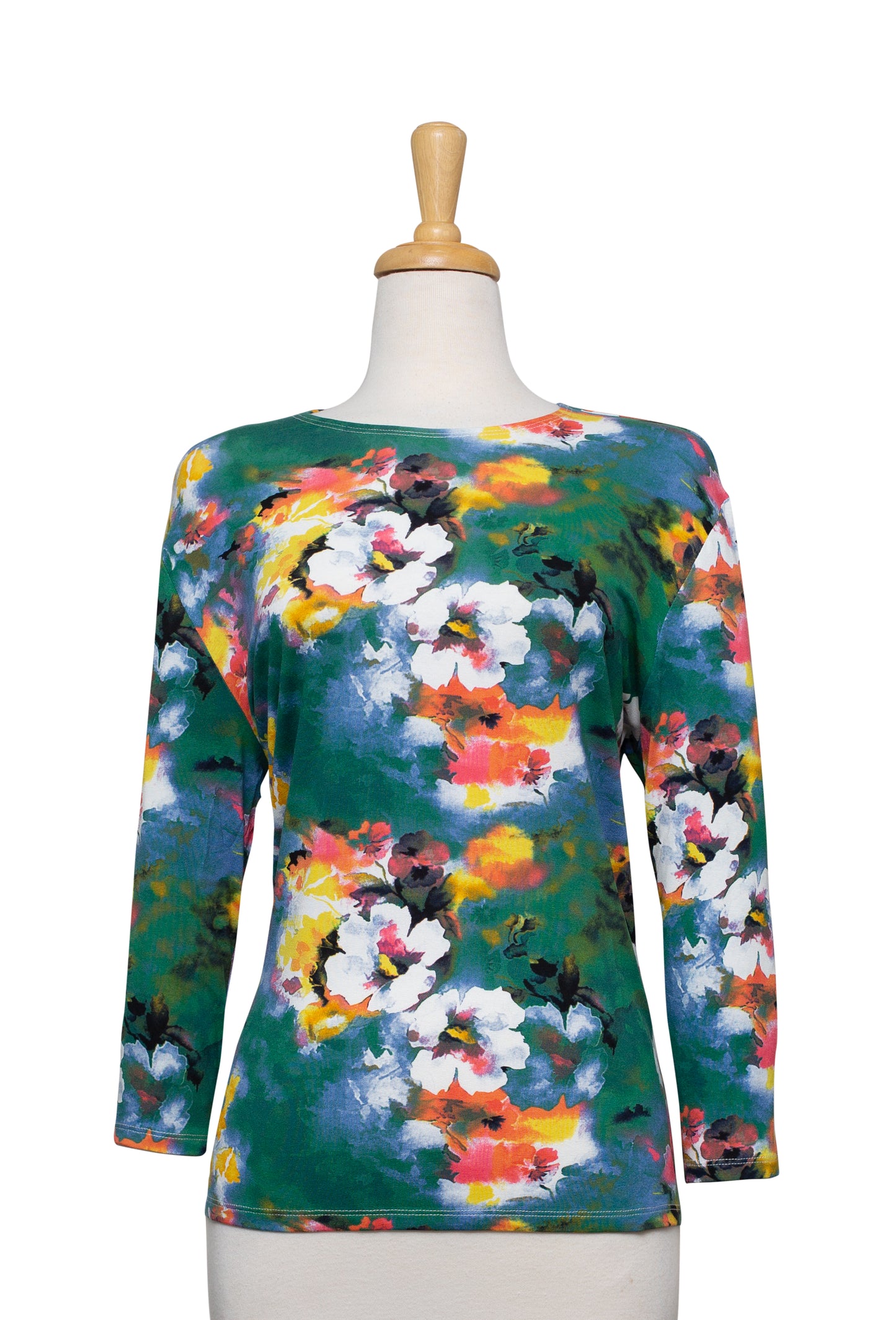 Green, White, and Orange Floral 3/4 Sleeve Cotton Top