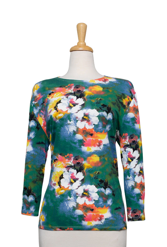 Plus Size Green, White, and Orange Floral 3/4 Sleeve Cotton Top
