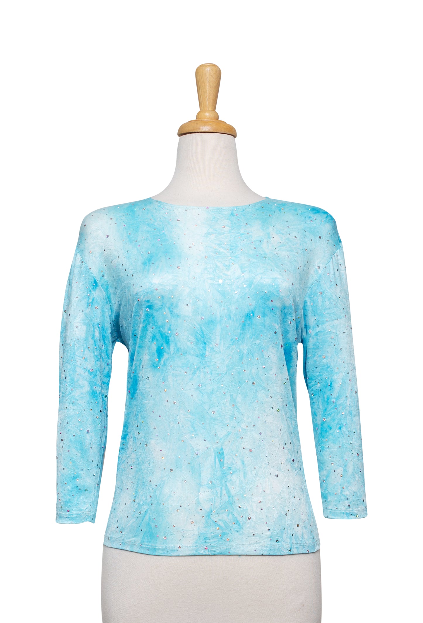 Shades of Soft Teal Sequins Crinkled Microfiber 3/4 Sleeve Top