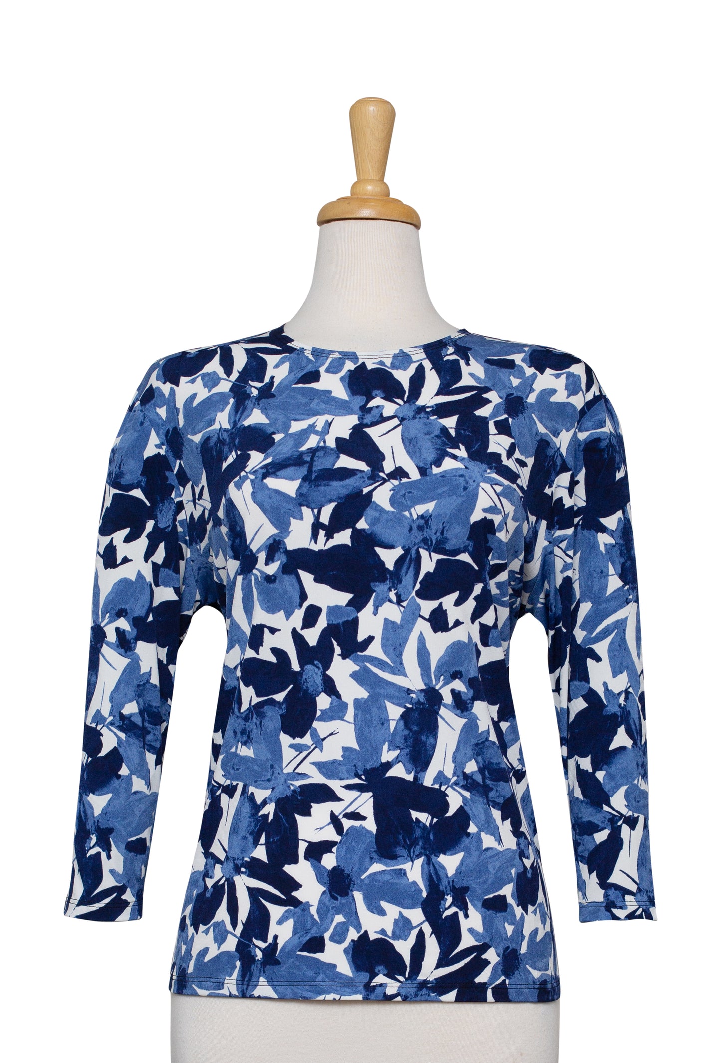 Plus Sizes Black, Blue, and White Floral Microfiber 3/4 Sleeve Top