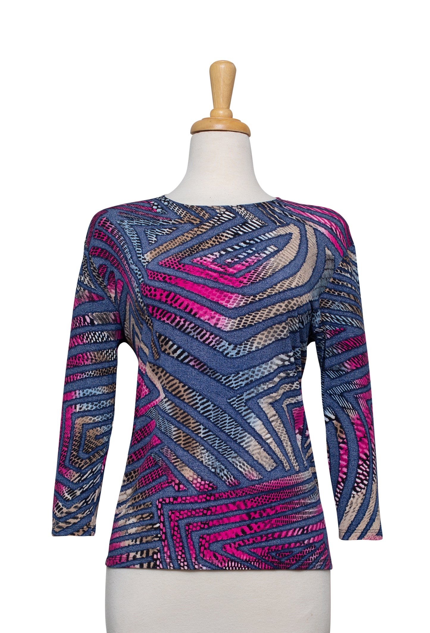 Plus Sizes Blue and Magenta Abstract Linear Microfiber 3/4 Sleeve Top