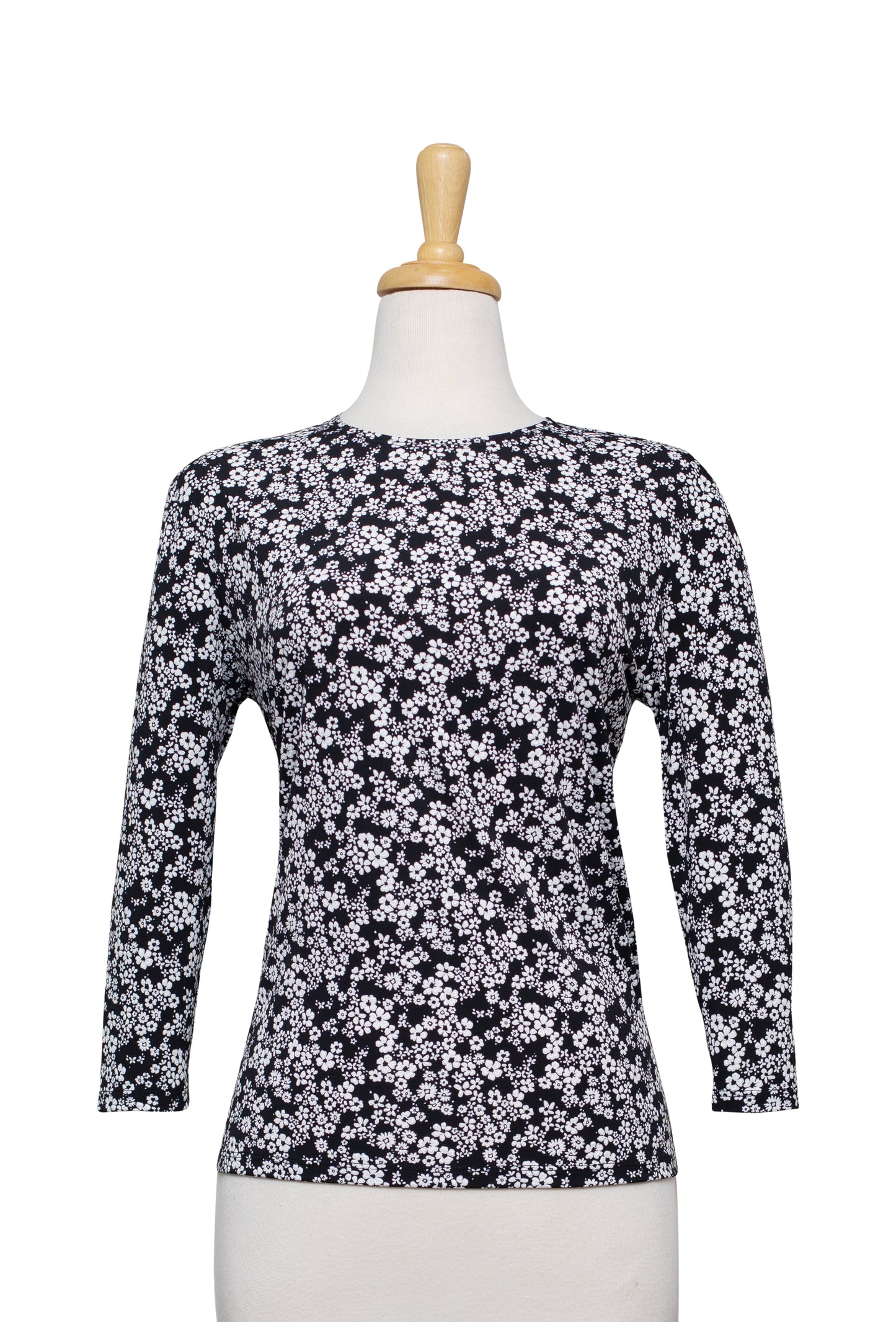 Black and White Mini Floral Textured Microfiber 3/4 Sleeve Top