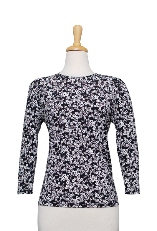 Black and White Mini Floral Textured Microfiber 3/4 Sleeve Top