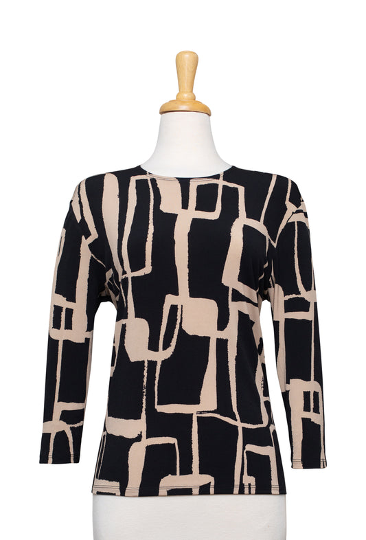 Plus Size Black and Taupe Geometric Abstract Microfiber 3/4 Sleeve Top