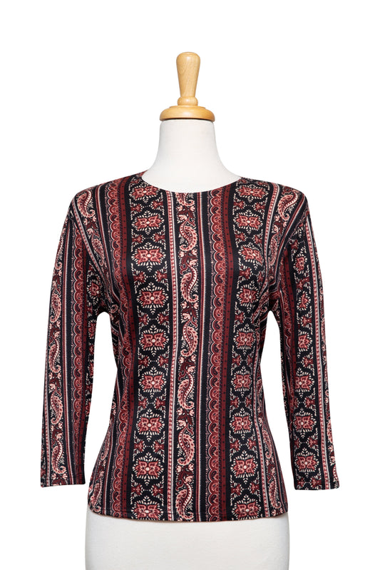 Wine, Black and Ivory Display of Patterns Cotton 3/4 Sleeve Top
