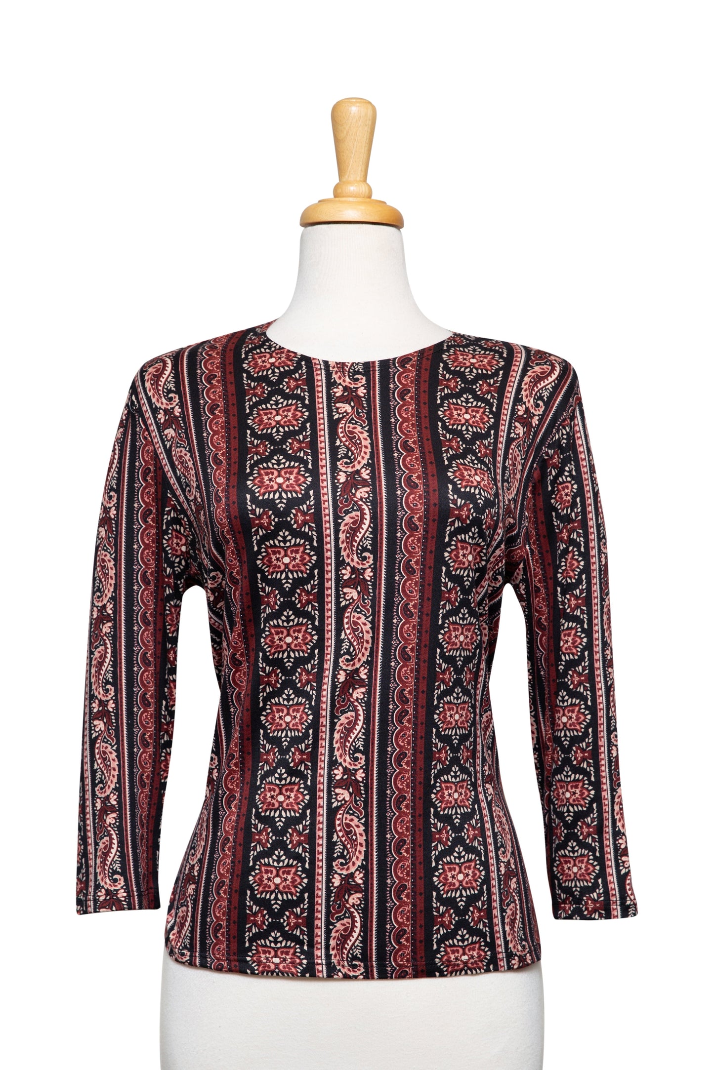 Plus Size Wine, Black and Ivory Display of Patterns Cotton 3/4 Sleeve Top
