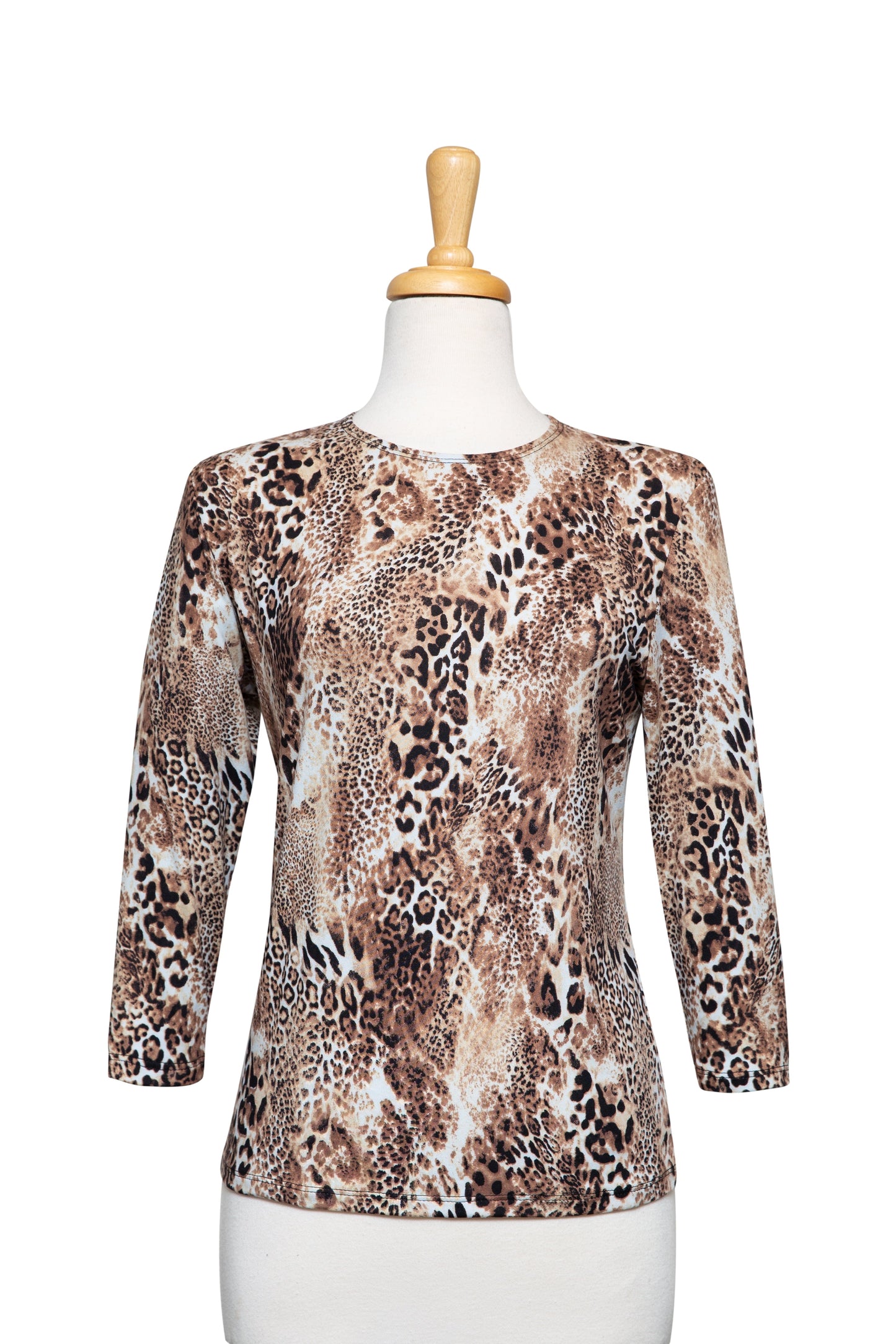 Plus Size Mocha, Black and Ivory Leopard Print Cotton 3/4 Sleeve Top