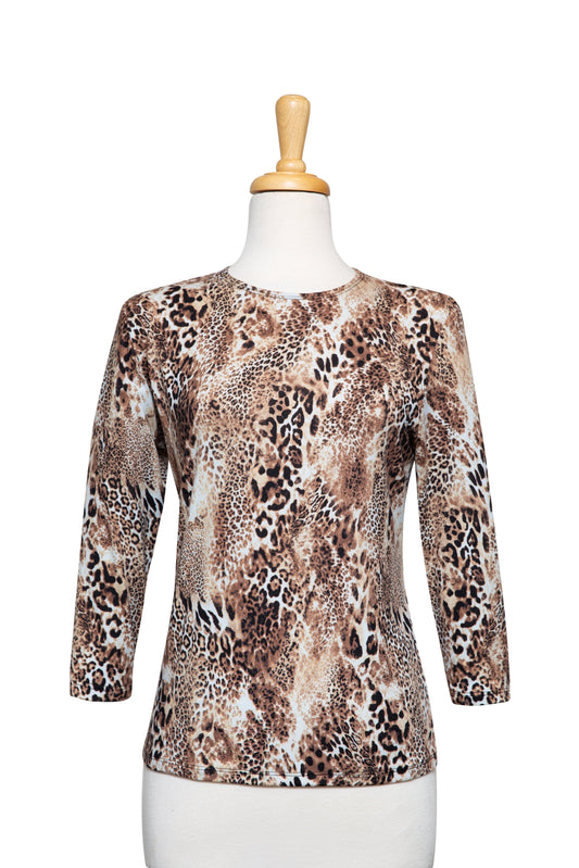 Plus Size Mocha, Black and Ivory Leopard Print Cotton 3/4 Sleeve Top