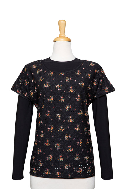 Plus Size Black and Pumpkin Mini Floral Short Sleeve, With Black Long Sleeve Microfiber Top