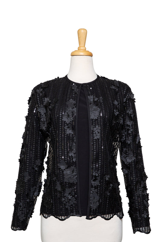 Plus Size Two Piece Black 3D Floral Sequins Lace Jacket With Black Long Sleeve Top