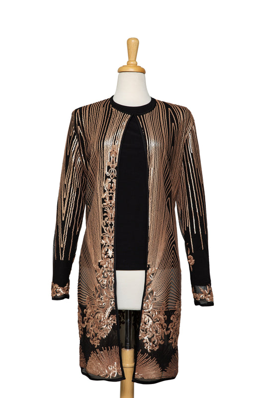 Plus Size Two Piece Matte Gold Sequined Border Pattern 3/4 Length Lace Jacket With Black Long Sleeve Top