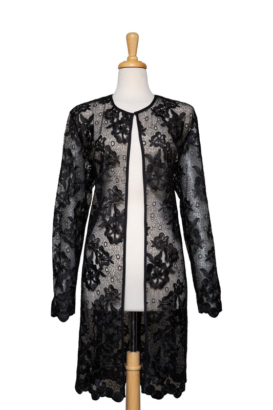 Plus Size Thin Black Floral Embroidered 3/4 Length Lace Jacket