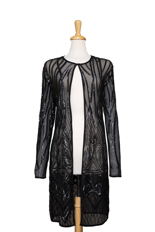 Plus Size Black Sequined Patterns 3/4 Length Lace Jacket