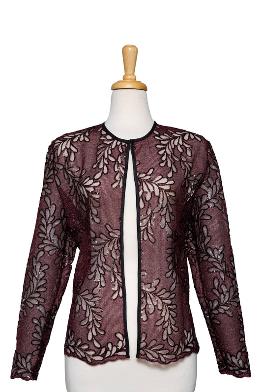 Plus Size Burgundy and Black Floral Sequins Lace Jacket