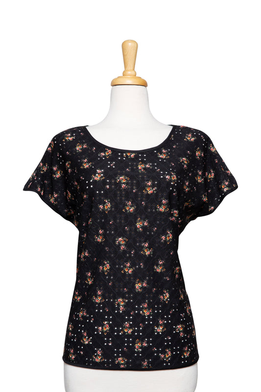 Black and Pumpkin Mini Floral Short Sleeve Top