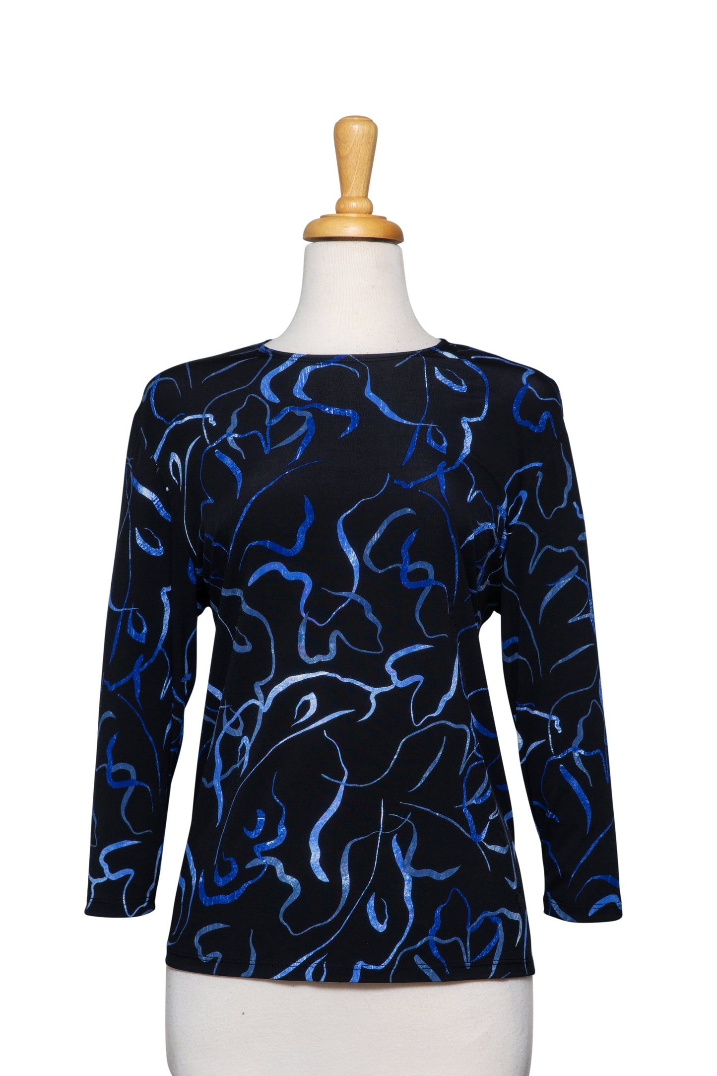 Plus Size Black and Shades of Blue Ribbon Microfiber 3/4 Sleeve Top