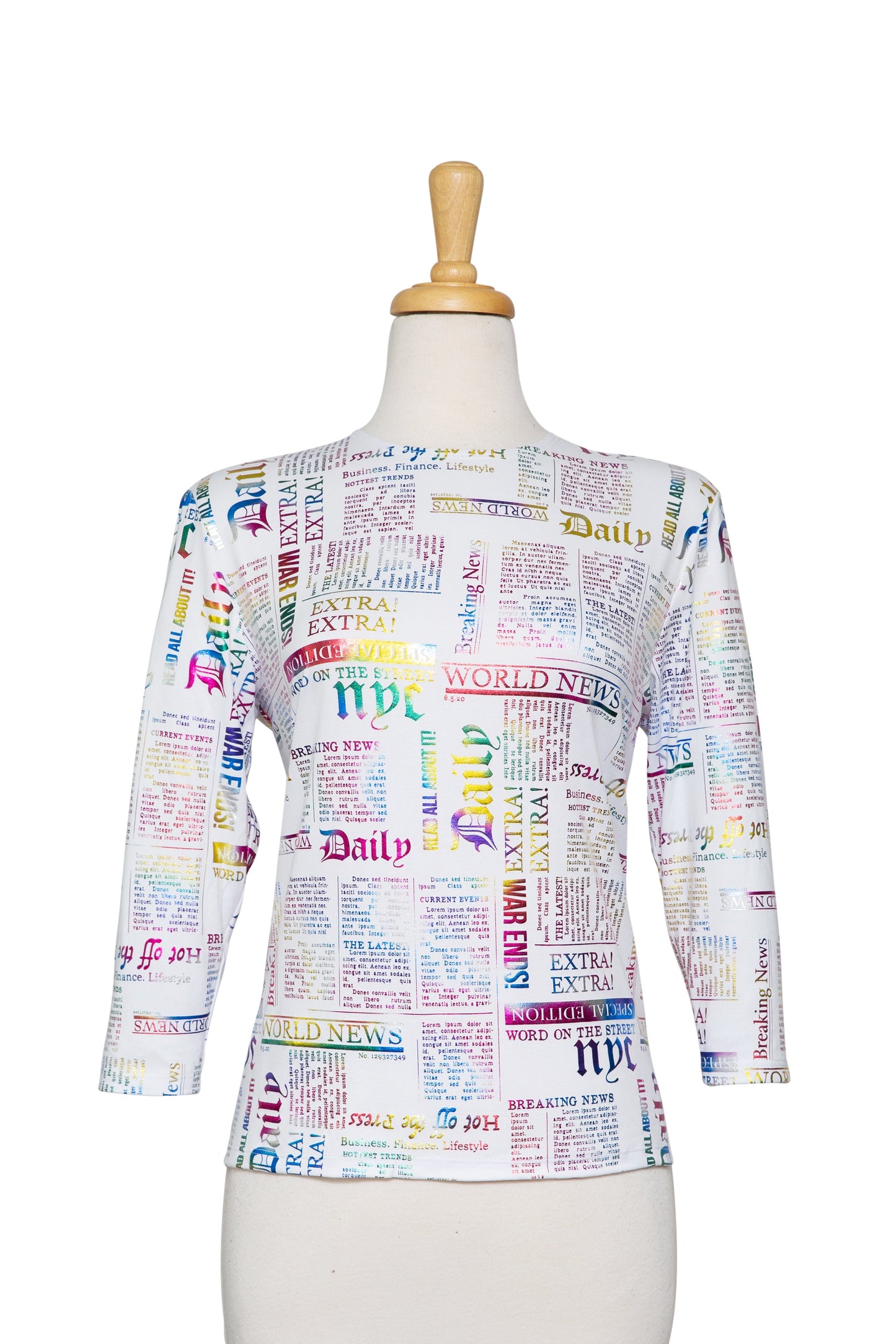 White and Multi Metallic Newspaper Cotton 3/4 Sleeve Top