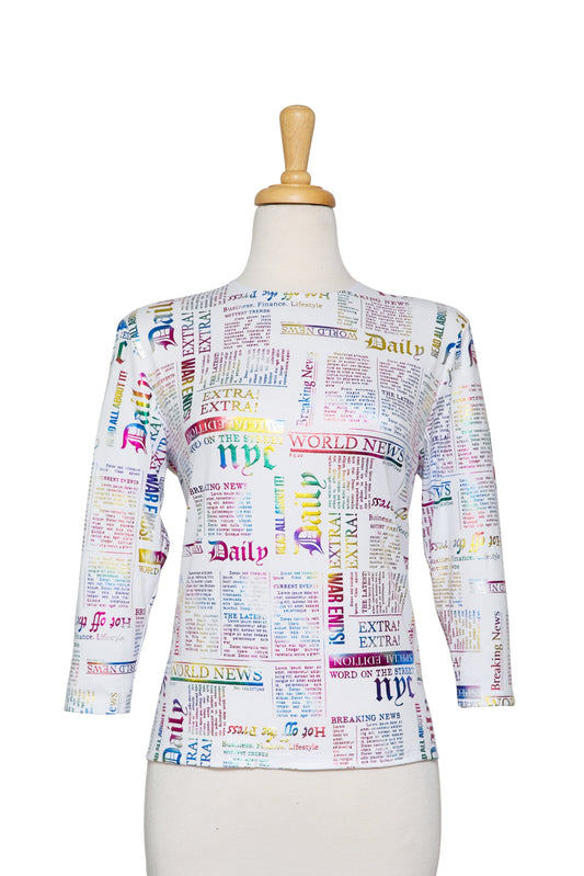 White and Multi Metallic Newspaper Cotton 3/4 Sleeve Top