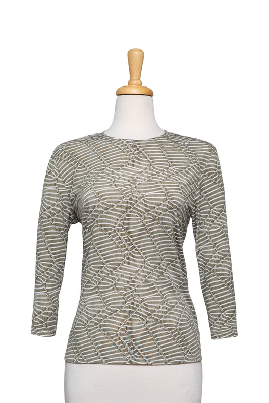Light Olive and Ivory Abstract Zig Zag Textured Microfiber 3/4 Sleeve Top