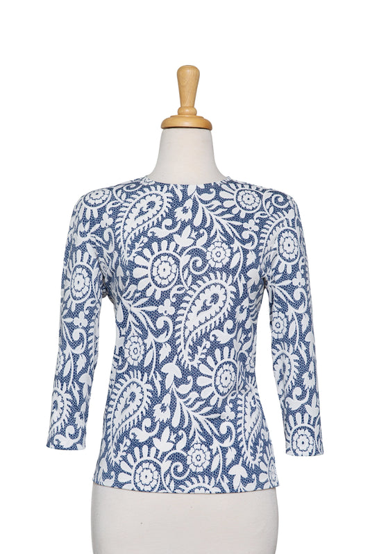 Blue and White Paisley Lace Textured Print Microfiber 3/4 Sleeve Top
