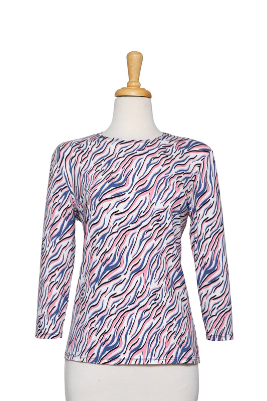 Plus Size White, Smoked Blue and Pink Waves Cotton 3/4 Sleeve Top