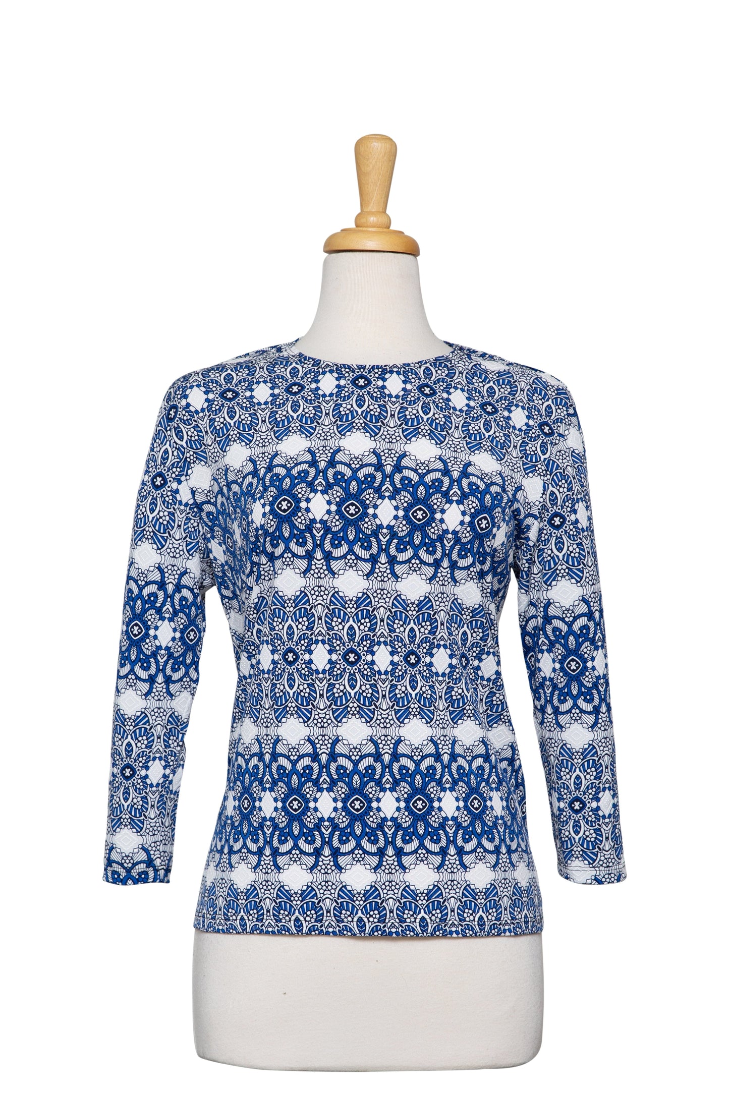 Blue, White and Black Display of Emblems Textured Print Microfiber 3/4 Sleeve Top