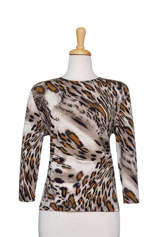Tan, Taupe and Ivory Animal Print Microfiber 3/4 Sleeve Top