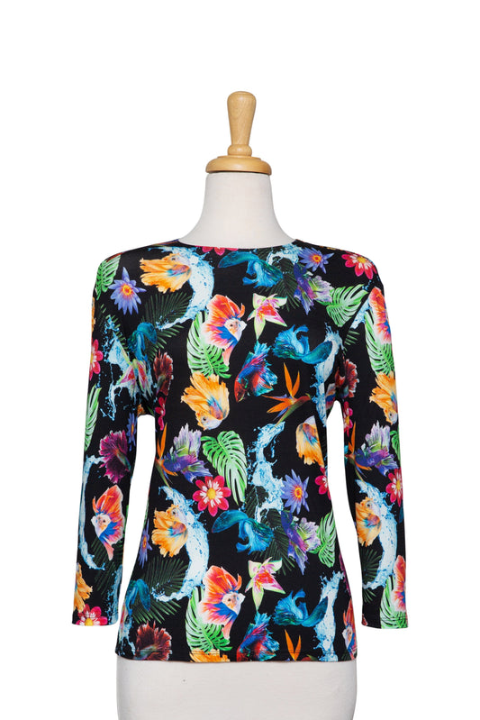 Plus Size Black and Multi Color Sea World Cotton 3/4 Sleeve Top