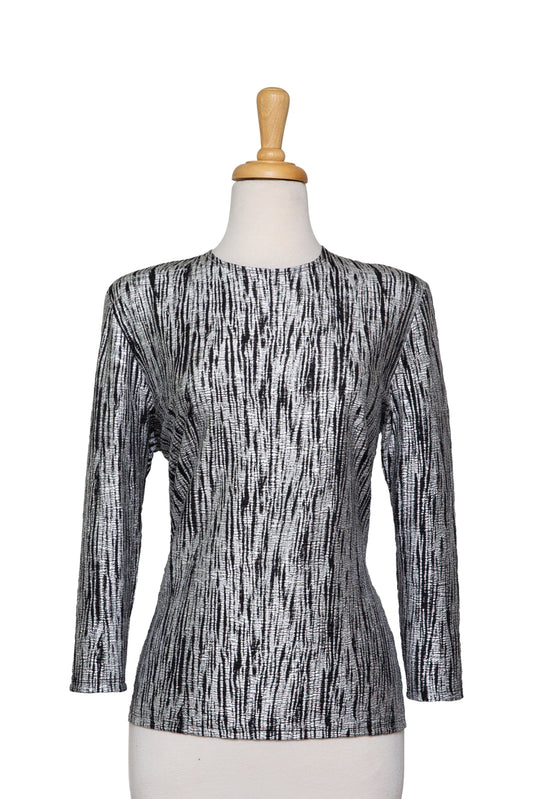Plus Size Silver and Black Metallic Textured 3/4 Sleeve Top