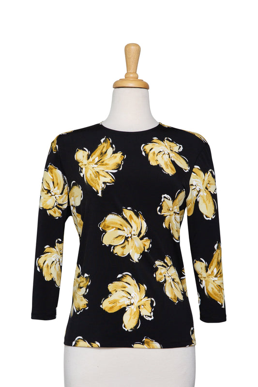 Black, Yellow and White Floral Textured Print Microfiber 3/4 Sleeve Top