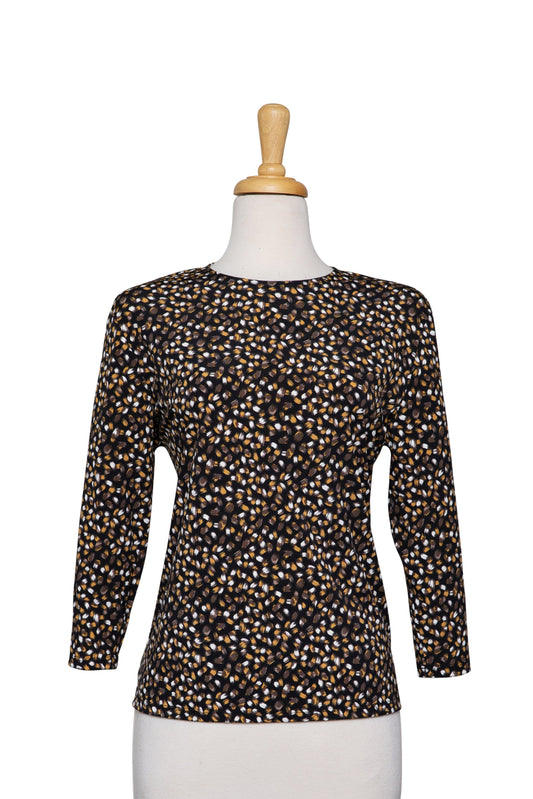 Plus Size Black, Tan and Brown Coffee Beans Textured Print Microfiber 3/4 Sleeve Top