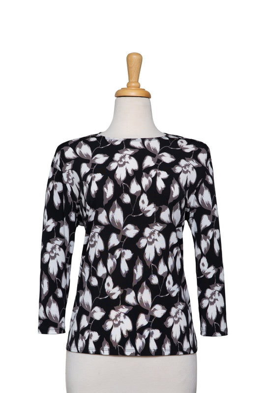 Plus Size Black, White and Grey Floral Microfiber 3/4 Sleeve Top