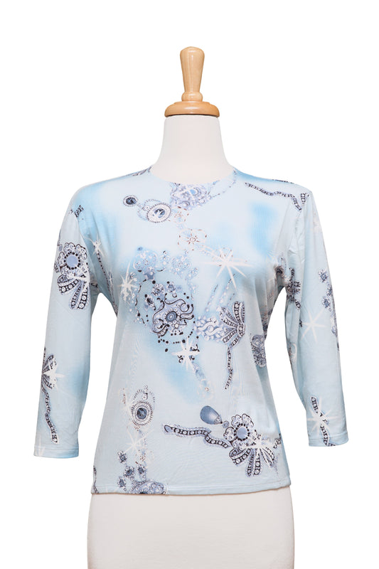 Light Blue, and Black Tiffany Chain 3/4 Sleeve  Cotton Top