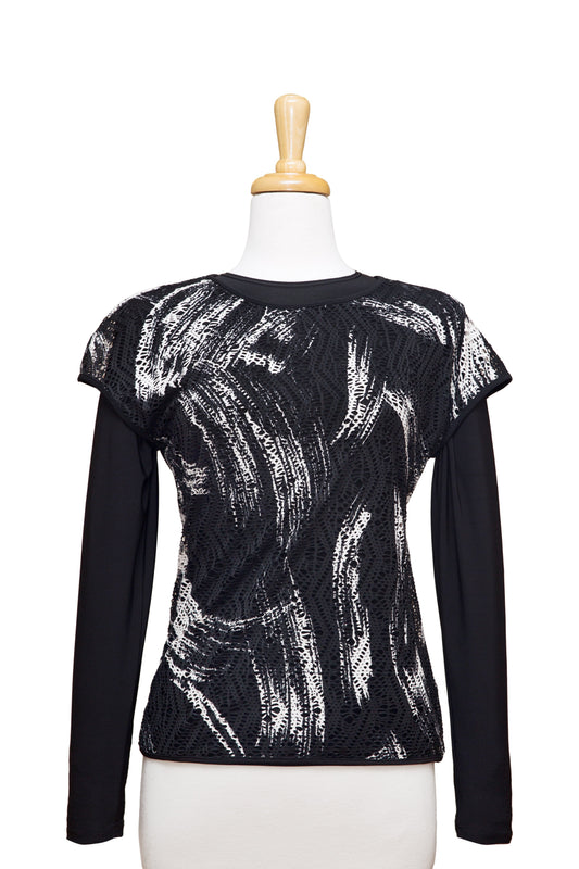 Plus Size Black and White Paintbrush Crochet Short Sleeve With Long Sleeve Microfiber Top