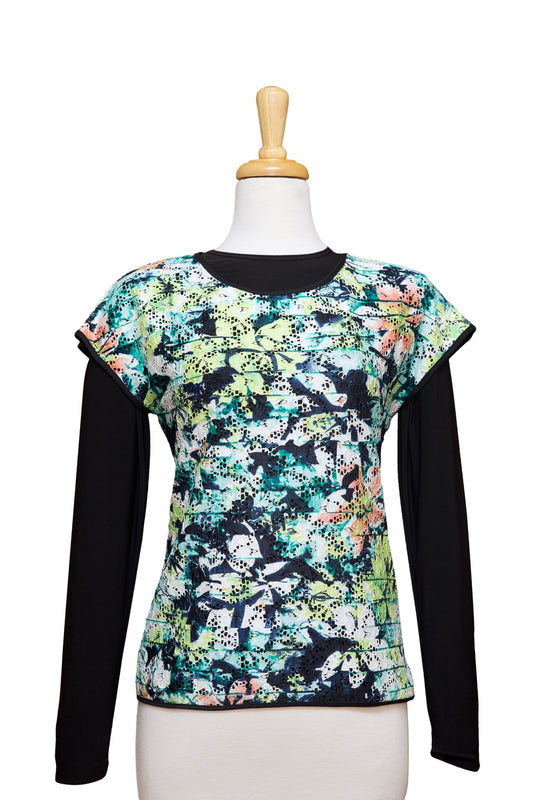 Plus Size White and Pastel Colored Floral Short Sleeve With Long Sleeve Microfiber Top