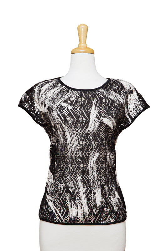 Plus Size Black and White Paintbrush Crochet Short Sleeve Top
