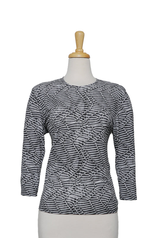 Charcoal and White Abstract Zig Zag Textured Microfiber 3/4 Sleeve Top