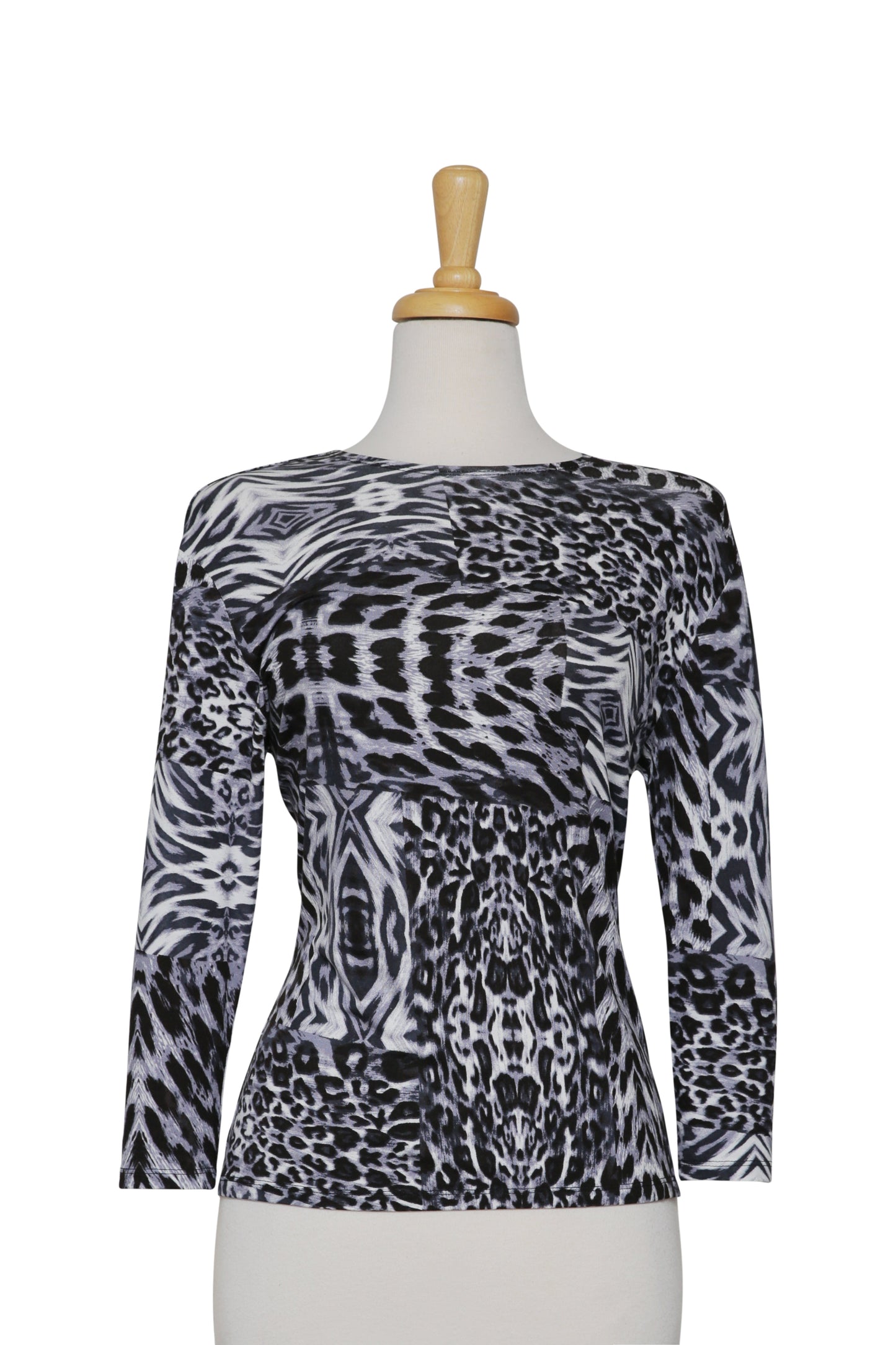 Black, Grey and White Abstract Leopard Print Cotton 3/4 Sleeve Top