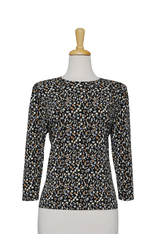 Black, Tan, Ivory and Light Blue Pebbles Microfiber 3/4 Sleeve Top