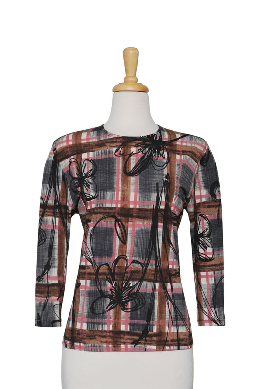 Black, Brown, Coral Plaid and Floral Abstract Microfiber 3/4 Sleeve Top