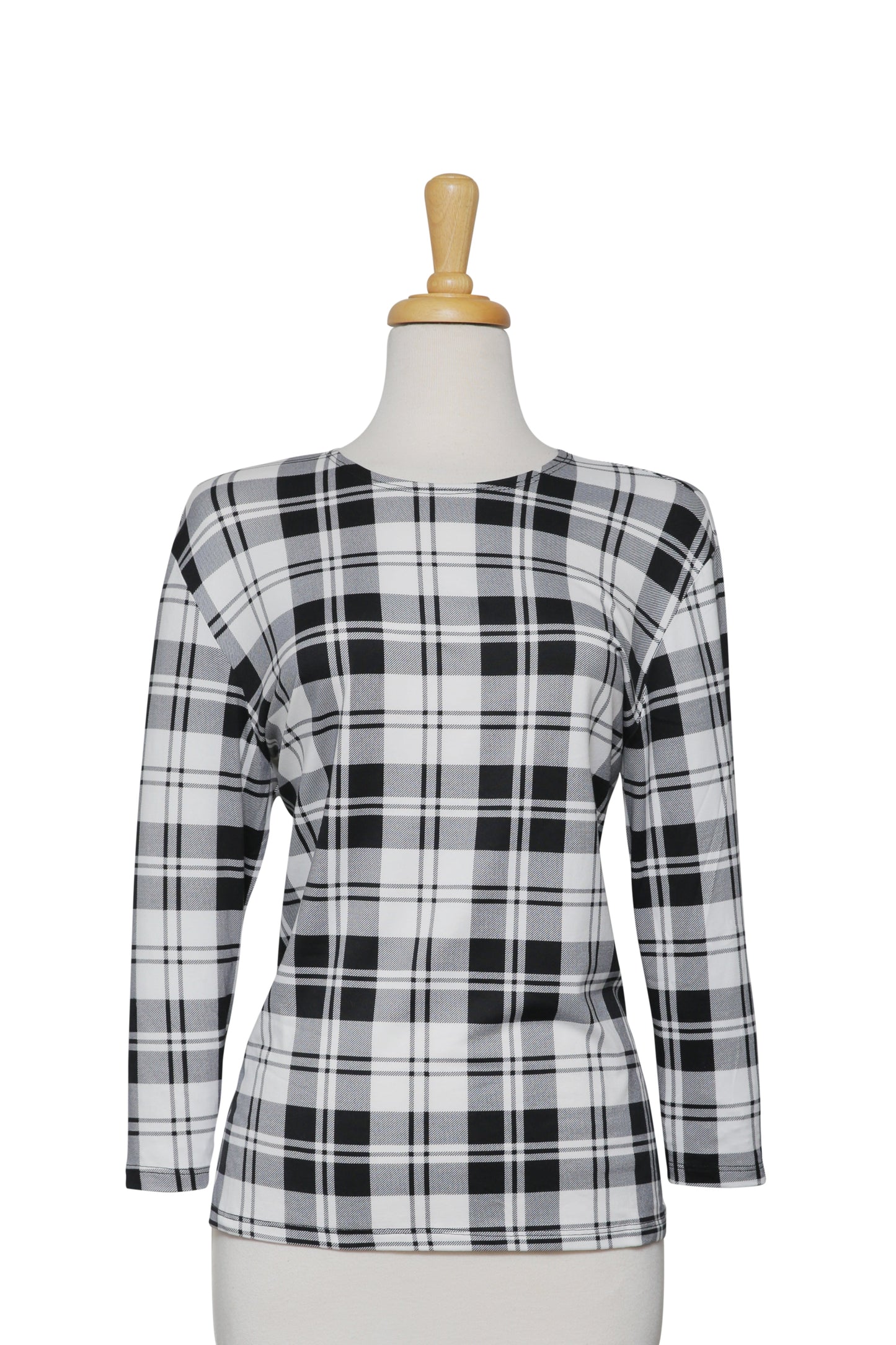Plus Size Black and White Plaid Cotton 3/4 Sleeve Top