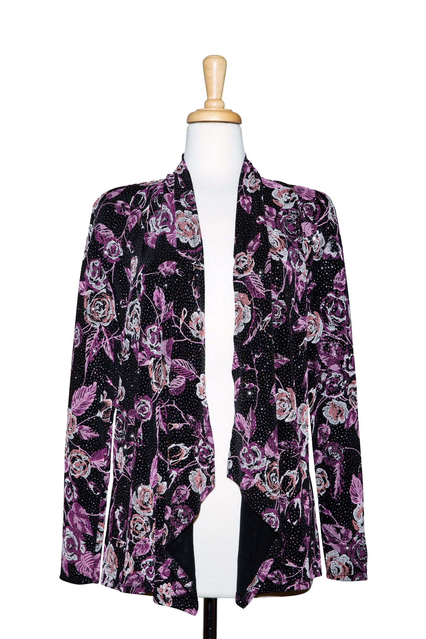 Plus Size Black and Pink Floral Metallic Slinky Shawl Collar Jacket