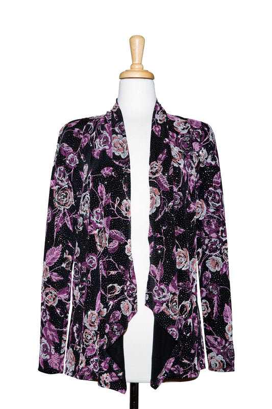 Plus Size Black and Pink Floral Metallic Slinky Shawl Collar Jacket