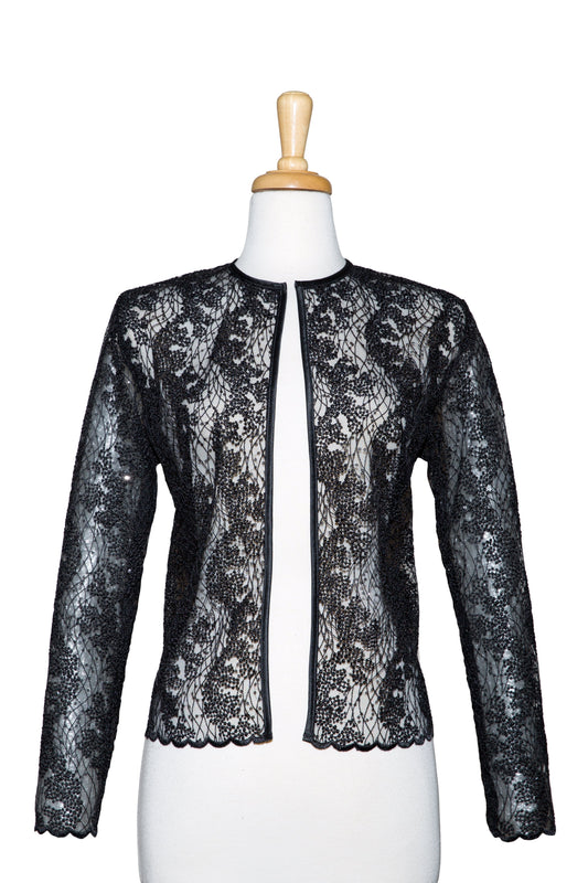 Plus Size Black Embroidered  Sequins Lace Jacket
