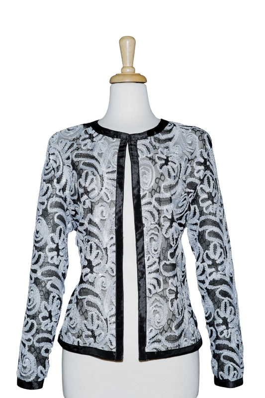 Plus Size Black And White Sutache With Clear Sequins Lace Jacket